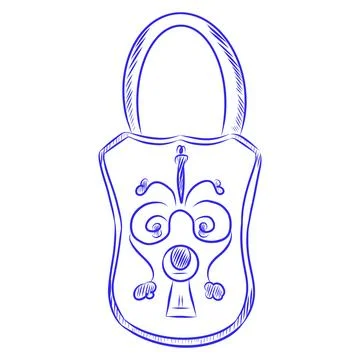 Hand drawn vector sketch of blue key lock Illustrazione stock