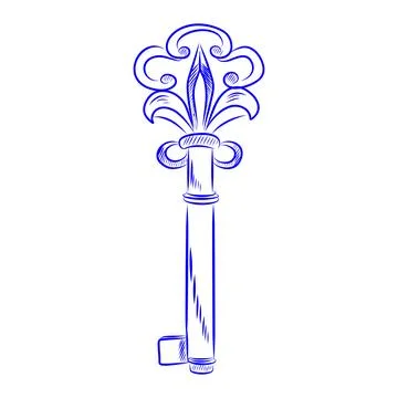 Hand drawn vector sketch of a blue door key Иллюстрация