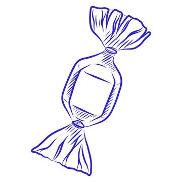 Hand drawn vector sketch of candy in wrapper, blue line art Illustration