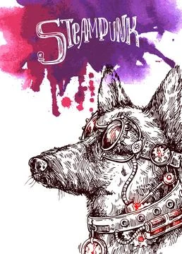Hand drawn vector sketch of dog. Steampunk style illustration. Stock Illustration