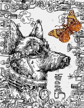 Hand drawn vector sketch of dog. Steampunk style illustration. Stock Illustration