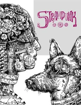 Hand drawn vector sketch of dog. Steampunk style illustration. Stock Illustration