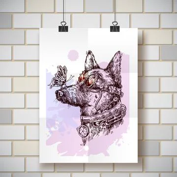 Hand drawn vector sketch of dog. Steampunk style illustration. Stock Illustration
