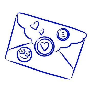Hand drawn vector sketch of envelope with letter, blue line 스톡 일러스트