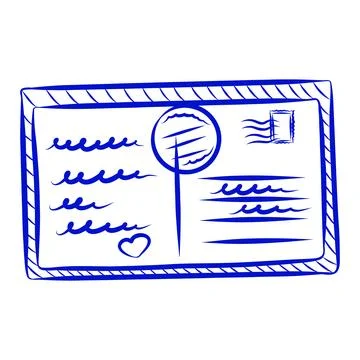 Hand drawn vector sketch of envelope with letter, blue line 스톡 일러스트