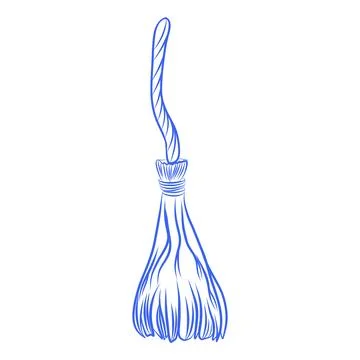 Hand drawn vector sketch of Halloween witch s broom, blue line Stock Illustration