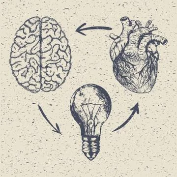 Hand drawn vector sketch illustration - creative vintage poster design, brain Stock Illustration