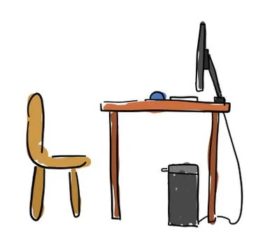 Hand drawn vector sketch illustration of computer desk  and chair. Ilustración de archivo