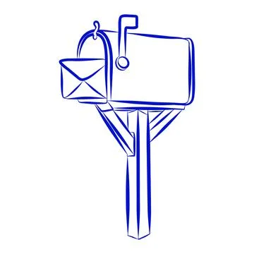 Hand drawn vector sketch of a mailbox with letters, blue line Stock Illustration