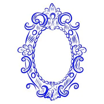 Hand-drawn vector sketch of picture frames, photos, blue line art Stock Illustration