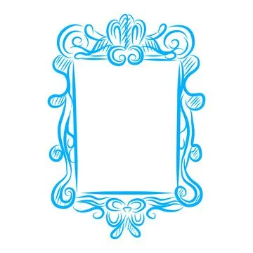 Hand-drawn vector sketch of picture frames, photos, blue line art Ilustração Stock