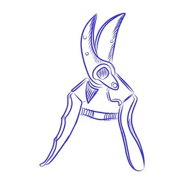 Hand drawn vector sketch of pruning shears, blue line art Illustrazione stock