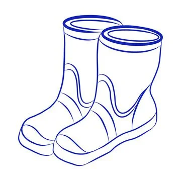 Hand drawn vector sketch of rain boots, blue line art 스톡 일러스트