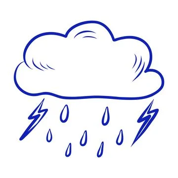 Hand drawn vector sketch, rainy weather, cloud, blue line Stock Illustration
