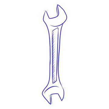 Hand-drawn vector sketch of a wrench, blue line Illustration