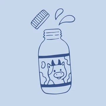 Hand drawn vector of a small glass milk bottle with an open cap and splashes of Stock Illustration
