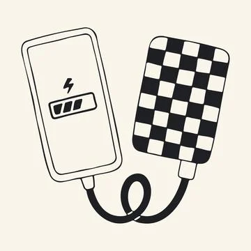 Hand drawn vector smartphone charging from a checkered power bank. Cute black Illustrazione stock
