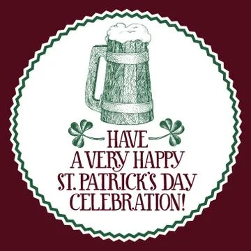 Hand drawn vector St. Patrick's Day greeting card with beer mug and clover Illustrazione stock