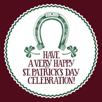 Hand drawn vector St. Patrick's Day greeting card with horseshoe and clover Stock Illustration