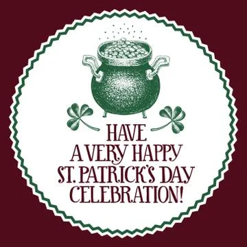 Hand drawn vector St. Patrick's Day greeting card with golden coin pot sketch Stock Illustration