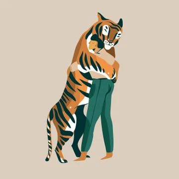 Hand drawn vector stock abstract graphic illustration with a man tiger trainer 스톡 일러스트
