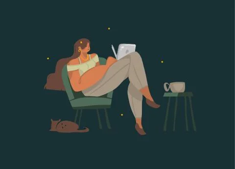 Hand drawn vector stock abstract graphic illustrations with young girl sits in a 스톡 일러스트