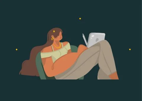 Hand drawn vector stock abstract graphic illustrations with young girl sits in a Stock Illustration