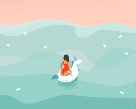 Hand drawn vector stock abstract graphic illustration with a girl in a swimsuit Stock Illustration