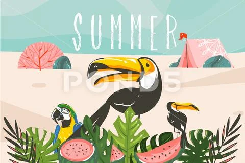 Hand drawn vector stock abstract graphic illustration with a tropical birds and Stock Illustrationen