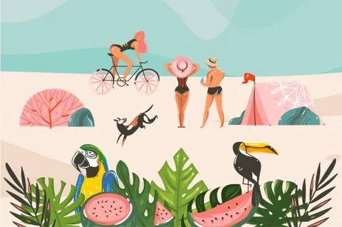 Hand drawn vector stock abstract graphic illustration with a tropical birds and Stock Illustration