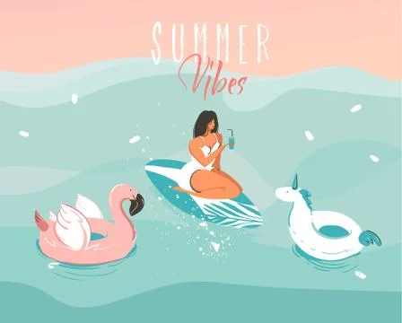 Hand drawn vector stock abstract graphic illustration with a girl in a swimsuit Stock Illustration