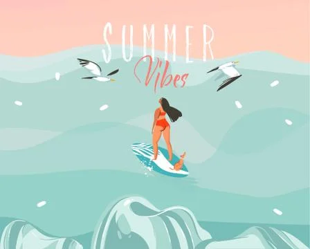 Hand drawn vector stock abstract graphic illustration with a surfer girl in a Stock Illustration