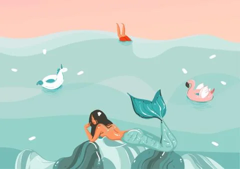Hand drawn vector stock abstract graphic illustration with a sunbathing mermaid Stock Illustration