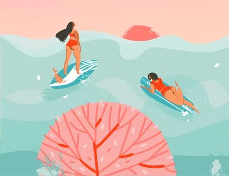 Hand drawn vector stock abstract graphic illustration with a swimming surfer Stock Illustration