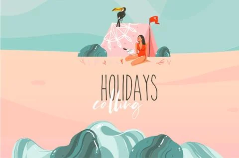 Hand drawn vector stock abstract graphic illustration with a sunbathing girl Stock Illustration