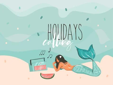 Hand drawn vector stock abstract graphic illustration with a sunbathing mermaid Stock Illustration