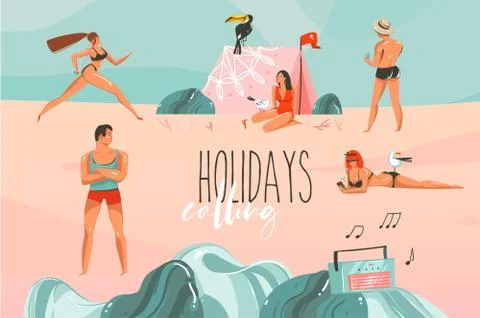 Hand drawn vector stock abstract graphic illustration with a sunbathing people Stock Illustration