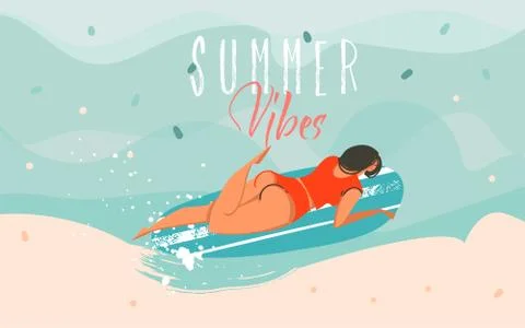 Hand drawn vector stock abstract graphic illustration with a swimming surfer Stock Illustration