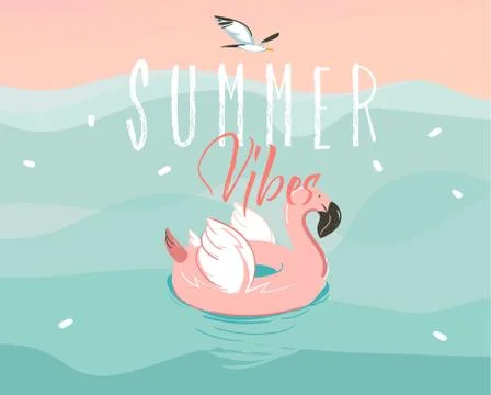 Hand drawn vector stock abstract graphic illustration with a swimming pink Stock Illustration