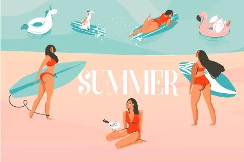 Hand drawn vector stock abstract graphic illustration with a sunbathing people Stock Illustration