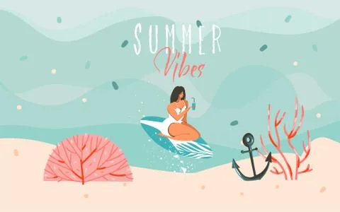 Hand drawn vector stock abstract graphic illustration with a swimming surfer イラスト素材
