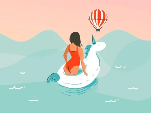 Hand drawn vector stock abstract graphic illustration with a girl in a swimsuit Stock Illustration