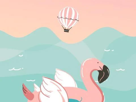 Hand drawn vector stock abstract graphic illustration with a flamingo swimming Stock Illustration