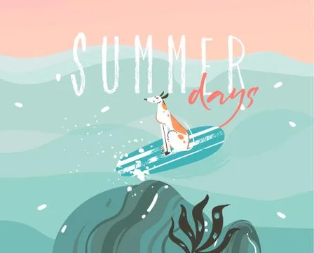 Hand drawn vector stock abstract graphic illustration with a surfing dog and Stock Illustration