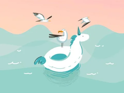 Hand drawn vector stock abstract graphic illustration with a unicorn swimming Stock Illustration