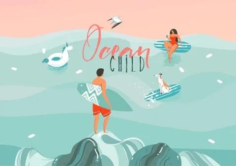 Hand drawn vector stock abstract graphic illustration with a funny sunbathing Stock Illustration