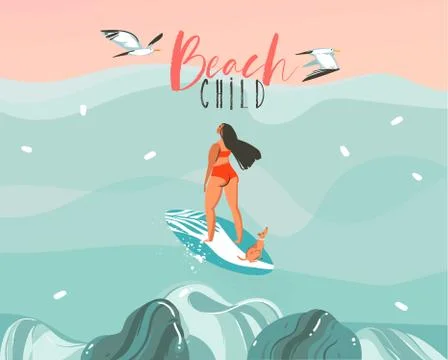 Hand drawn vector stock abstract graphic illustration with a surfer girl surfing Stock Illustration