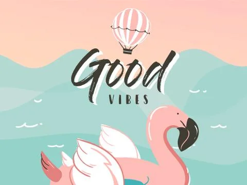 Hand drawn vector stock abstract graphic illustration with a flamingo swimming Illustrazione stock