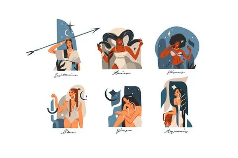 Hand drawn vector stock abstract graphic illustrations with zodiac astrological Stock Illustration