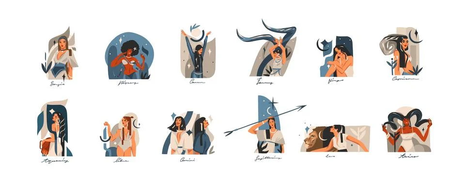 Hand drawn vector stock abstract graphic illustrations with zodiac astrological Stock Illustration